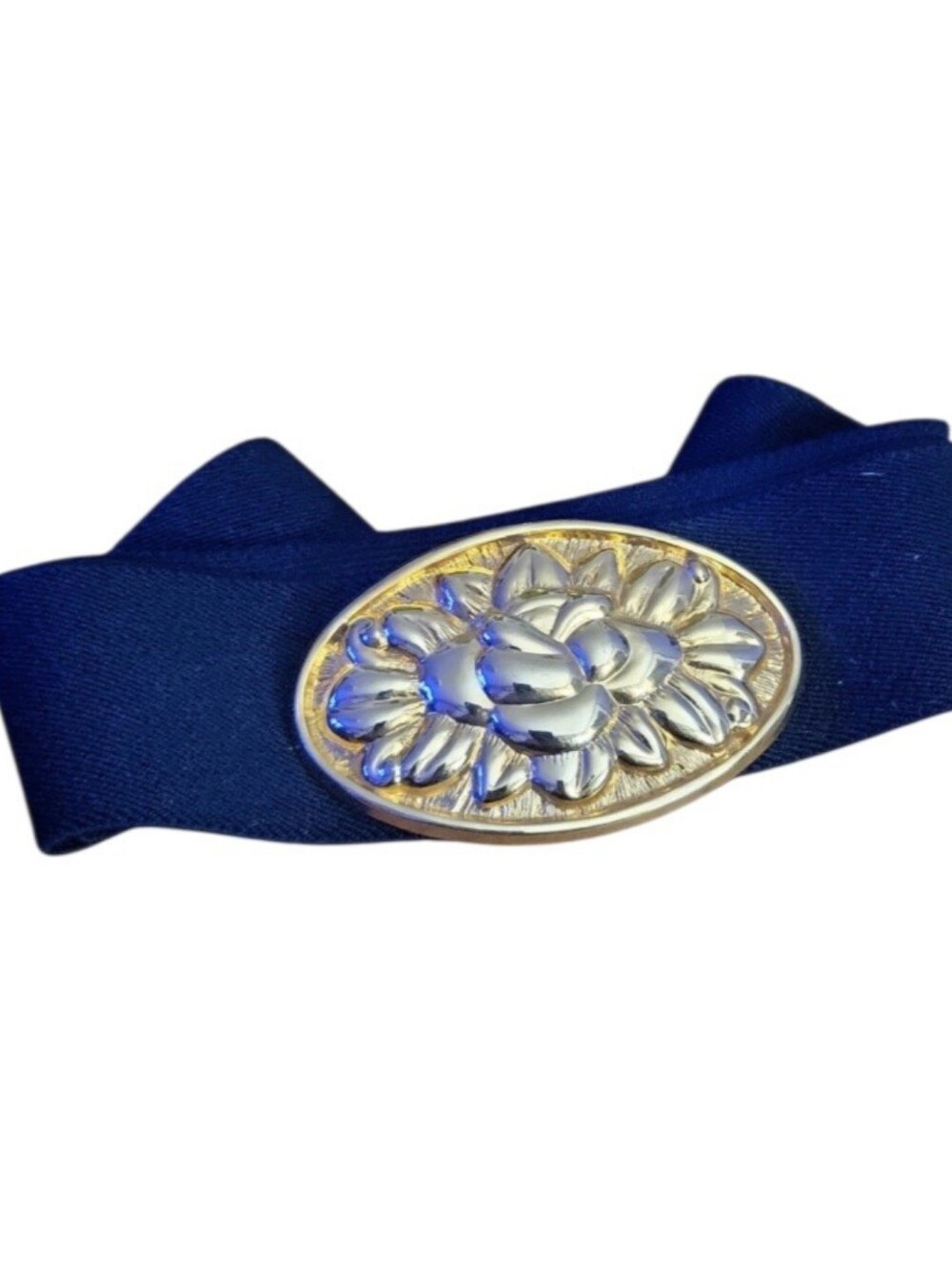Vintage 80's Navy Blue & Goldtone Metal Floral Buckle Stretch Belt S/M